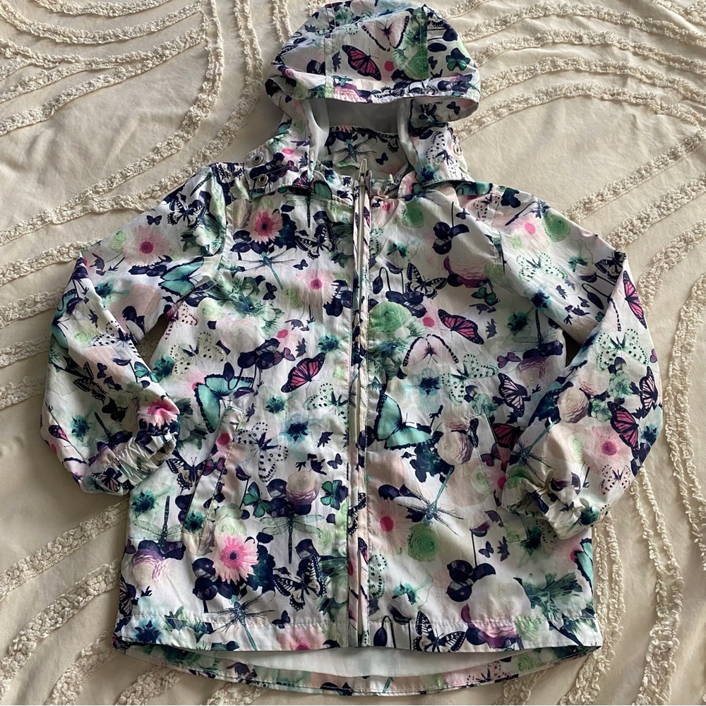 H&M White Floral & Butterfly Hooded Windbreaker